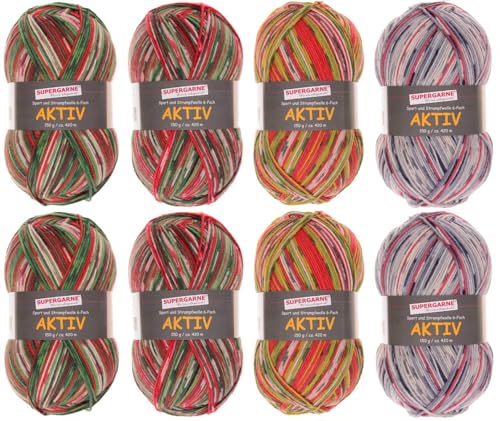 Sockenwolle AKTIV 6-fädig von Supergarne, 1200g Paket (8 * 150g) (Christmas) von SUPERGARNE