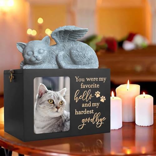 Hundeurnen für Asche, Pfotenmuster, Holz, schwarz, Andenken mit Bilderrahmen, Katzenurne Erinnerungsbox mit Tierstatue (Katzenstatue) von SUPERPAWS