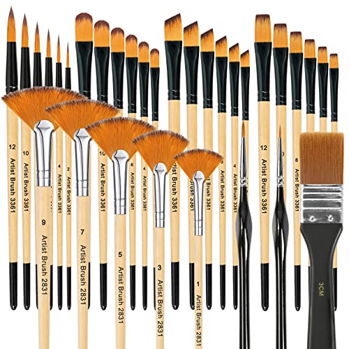 Pinselset Acrylfarben, 32 Acryl Pinsel Set, Nylonpinselset Acrylfarben, Künstlerpinsel mit rund, eckig, flach, Fan Pinsel Set für Künstler und Anfänger zum Malen von SUPRBIRD