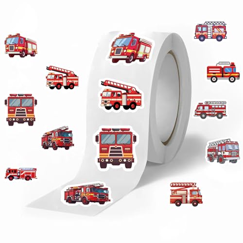 SUPRROW 500 Stück Feuerwehrauto Aufkleberrolle Selbstklebend, Cartoon Feuer Car Aufkleber,Wasserfest Feuerwehr Sticker Deko,Geschenkpapier Feuerwehr,Partygeschenke,DIY, Basteln, Belohnungsanreize von SUPRROW