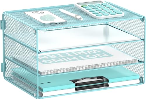SUPTIDY Briefablage mit 3 Ebenen, Papier-Organizer, Netz-Metall, Schreibtisch-Organizer für Zuhause und Büro, Blau von SUPTIDY