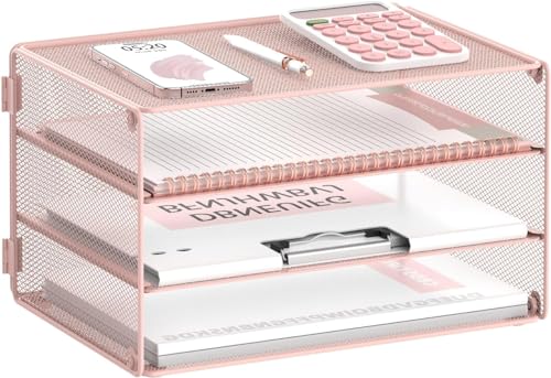 SUPTIDY Briefablage mit 3 Ebenen, Papier-Organizer, Netz-Metall, Schreibtisch-Organizer für Zuhause und Büro, Rosa von SUPTIDY