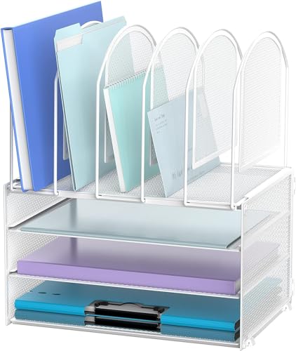 SUPTIDY Schreibtisch-Organizer aus Papier, 3-stöckig, Briefablage mit 5 vertikalen Aktenhaltern, Multifunktions-Schreibtisch-Organizer, Schreibtisch-Organizer und Zubehör für Heimbüro, Weiß SUPTIDY Schreibtisch-Organizer aus Papier, 3-stöckig, Briefablage mit 5 vertikalen Aktenhaltern, Multifunktions-Schreibtisch-Organizer, Schreibtisch-Organizer und Zubehör für Heimbüro, Weiß von SUPTIDY