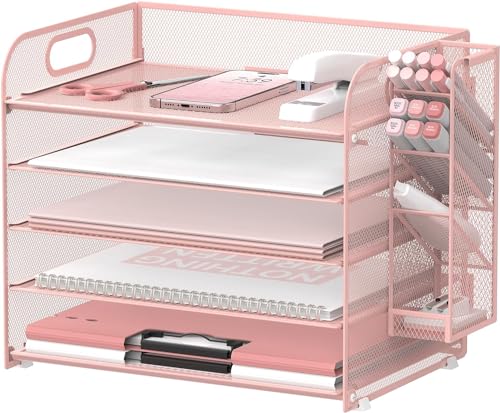 SUPTIDY Schreibtisch-Organizer mit 5 Etagen, mit Griff und abnehmbaren Stifthaltern, Netz-Papier-/Akten-Organizer für den Schreibtisch, Papier-Briefablage, Organizer für Bürobedarf (Rosa) von SUPTIDY