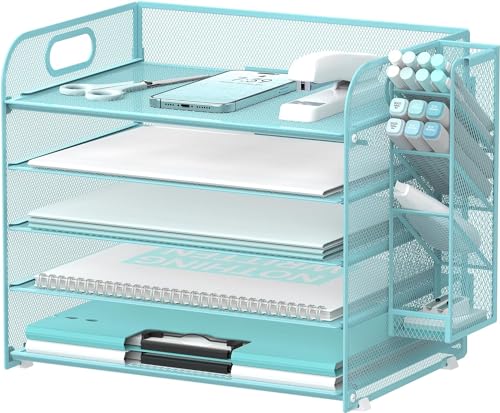 SUPTIDY Schreibtisch-Organizer mit 5 Etagen, mit Griff und abnehmbaren Stifthaltern, Netz-Papier-/Akten-Organizer für den Schreibtisch, Papier-Briefablage für Bürobedarf (Blau) von SUPTIDY