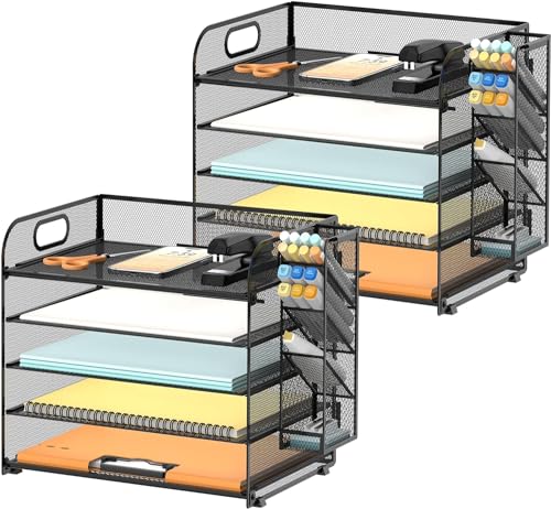 SUPTIDY Schreibtisch-Organizer mit 5 Etagen, mit Griff und abnehmbaren Stifthaltern, Netz-Papier-/Akten-Organizer für den Schreibtisch, Papier-Briefablage für Bürobedarf (Schwarz), 2 Packung von SUPTIDY