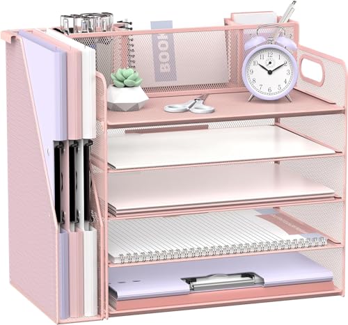 SUPTIDY Schreibtisch-Organizer mit Aktenhalter, 5 Etagen, Schreibtisch-Organizer mit 3 Stifthaltern, Papier-Briefablage für Büro, Zuhause, Organisation und Aufbewahrung, Rosa von SUPTIDY