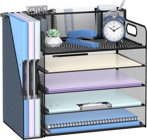 SUPTIDY Schreibtisch-Organizer mit Aktenhalter, 5 Etagen, Schreibtisch-Organizer mit 3 Stifthaltern, Papier-Briefablage für Büro, Zuhause, Organisation und Aufbewahrung, Schwarz von SUPTIDY