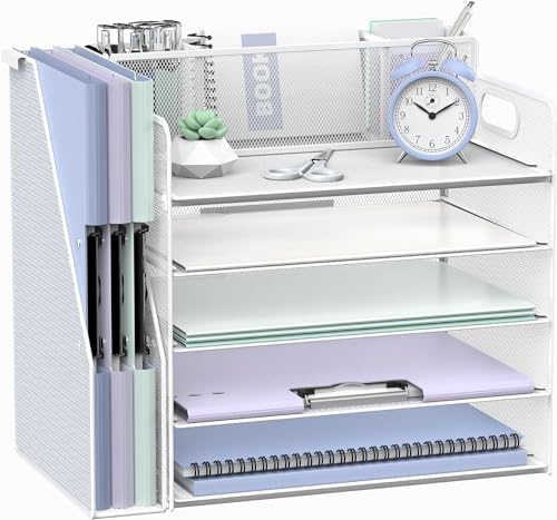 SUPTIDY Schreibtisch-Organizer mit Aktenhalter, 5 Etagen, Schreibtisch-Organizer mit 3 Stifthaltern, Papier-Briefablage für Büro, Zuhause, Organisation und Aufbewahrung, Weiß von SUPTIDY
