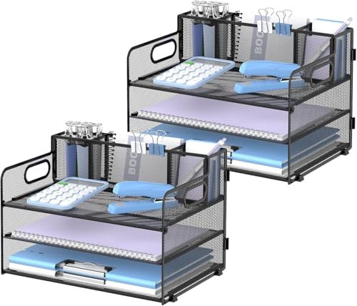 Suptidy Schreibtisch-Organizer mit 3 Etagen, mit Griff und 3 Stifthaltern, Netz-Papier-/Akten-Organizer für den Schreibtisch, Papier-Briefablage für Bürobedarf, 2-Sätze Suptidy Schreibtisch-Organizer mit 3 Etagen, mit Griff und 3 Stifthaltern, Netz-Papier-/Akten-Organizer für den Schreibtisch, Papier-Briefablage für Bürobedarf, 2-Sätze von SUPTIDY