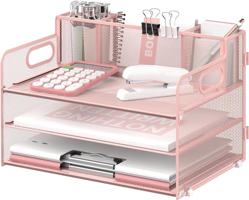 Suptidy Schreibtisch-Organizer mit 3 Etagen, mit Griff und 3 Stifthaltern, Netz-Papier-/Akten-Organizer für den Schreibtisch, Papier-Briefablage für Bürobedarf, Rosa Suptidy Schreibtisch-Organizer mit 3 Etagen, mit Griff und 3 Stifthaltern, Netz-Papier-/Akten-Organizer für den Schreibtisch, Papier-Briefablage für Bürobedarf, Rosa von SUPTIDY