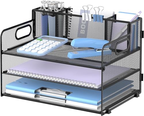 Suptidy Schreibtisch-Organizer mit 3 Etagen, mit Griff und 3 Stifthaltern, Netz-Papier-/Akten-Organizer für den Schreibtisch, Papier-Briefablage für Bürobedarf, Schwarz Suptidy Schreibtisch-Organizer mit 3 Etagen, mit Griff und 3 Stifthaltern, Netz-Papier-/Akten-Organizer für den Schreibtisch, Papier-Briefablage für Bürobedarf, Schwarz von SUPTIDY