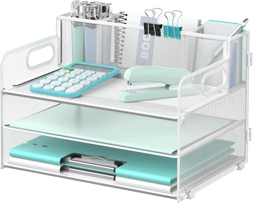 Suptidy Schreibtisch-Organizer mit 3 Etagen, mit Griff und 3 Stifthaltern, Netz-Papier-/Akten-Organizer für den Schreibtisch, Papier-Briefablage für Bürobedarf, Weiß Suptidy Schreibtisch-Organizer mit 3 Etagen, mit Griff und 3 Stifthaltern, Netz-Papier-/Akten-Organizer für den Schreibtisch, Papier-Briefablage für Bürobedarf, Weiß von SUPTIDY