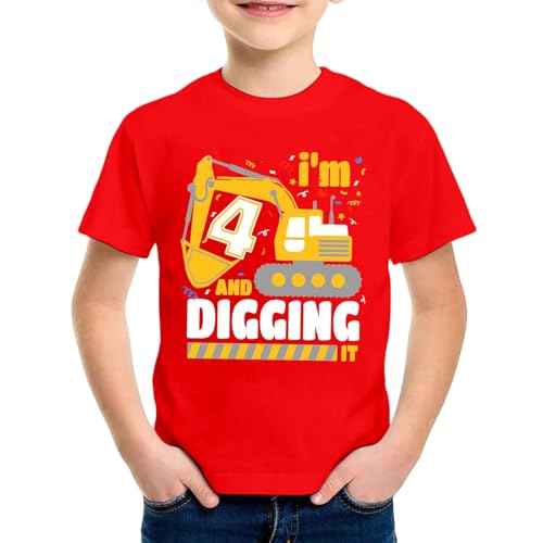 SUPTTING Kinder T-Shirt I'M 4 AND DIGGING IT Aufdruck Bagger Nummer 4 Rundhals Kurzarm Oberteil Jungen Freizeitshirt Shirt Jahre Geburtstagsgeschenk Outfit Stoff Sommer Top Baustelle Thema von SUPTTING