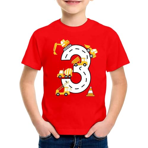 SUPTTING Kinder T-Shirt Nummer 3 Straßen Bagger Betonmischer Kran Verkehrskegel Rundhals Kurzarm Oberteil Jungen Freizeitshirt Shirt 3 Jahre Geburtstagsgeschenk Outfit Stoff Top Baustelle von SUPTTING