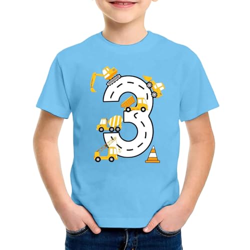 SUPTTING Kinder T-Shirt Nummer 3 Straßen Bagger Betonmischer Kran Verkehrskegel Rundhals Kurzarm Oberteil Jungen Freizeitshirt Shirt 3 Jahre Geburtstagsgeschenk Outfit Stoff Top Baustelle von SUPTTING