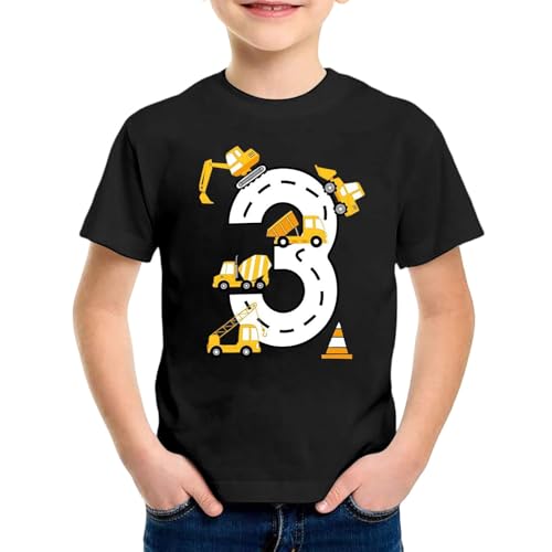 SUPTTING Kinder T-Shirt Nummer 3 Straßen Bagger Betonmischer Kran Verkehrskegel Rundhals Kurzarm Oberteil Jungen Freizeitshirt Shirt 3 Jahre Geburtstagsgeschenk Outfit Stoff Top Baustelle von SUPTTING