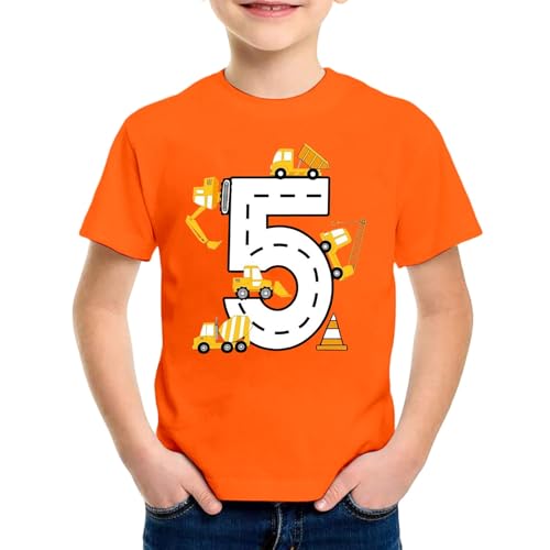 SUPTTING Kinder T-Shirt Nummer 5 Straßen Bagger Betonmischer Kran Verkehrskegel Rundhals Kurzarm Oberteil Jungen Freizeitshirt Shirt 5 Jahre Geburtstagsgeschenk Outfit Stoff Top Baustelle von SUPTTING