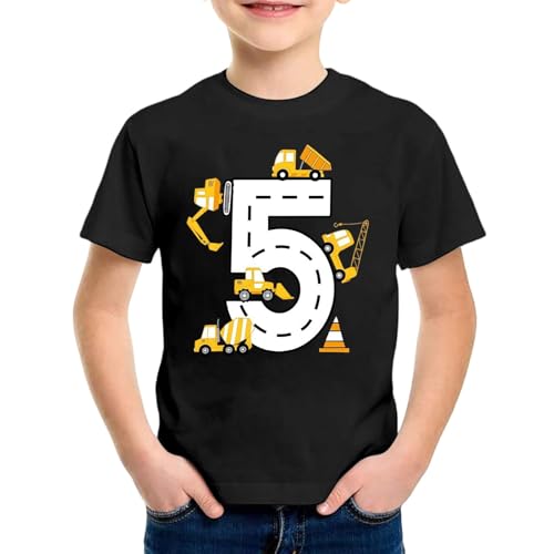 SUPTTING Kinder T-Shirt Nummer 5 Straßen Bagger Betonmischer Kran Verkehrskegel Rundhals Kurzarm Oberteil Jungen Freizeitshirt Shirt 5 Jahre Geburtstagsgeschenk Outfit Stoff Top Baustelle von SUPTTING