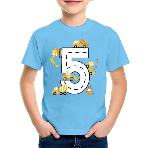 SUPTTING Kinder T-Shirt Nummer 5 Straßen Bagger Betonmischer Kran Verkehrskegel Rundhals Kurzarm Oberteil Jungen Freizeitshirt Shirt 5 Jahre Geburtstagsgeschenk Outfit Stoff Top Baustelle von SUPTTING