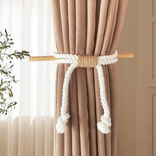 SUQ I OME Boho-Vorhang-Raffhalter, rustikal, dekorativer Vorhanghalter, natürliche Baumwolle, Juteseil, Holdbacks mit Holz-Club für Fenstervorhänge, Vorhänge, 2 Stück SUQ I OME Boho-Vorhang-Raffhalter, rustikal, dekorativer Vorhanghalter, natürliche Baumwolle, Juteseil, Holdbacks mit Holz-Club für Fenstervorhänge, Vorhänge, 2 Stück von SUQ I OME