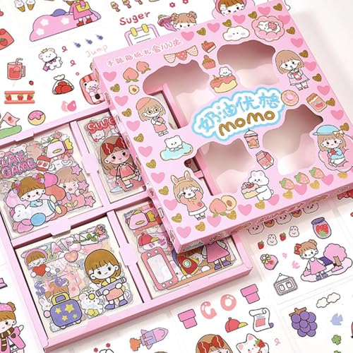 SUQ 100 Blätter Kawaii Aufkleber, Cute Cartoon Mädchen Aufkleber Set, Scrapbook Aufkleber, Aufkleber Set für Kinder, für DIY Kunsthandwerk, Fotoalbum, Planer, Kalender und Notizbuch (Pink) von SUQ
