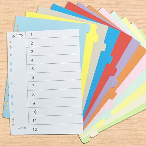 SUQ A4 Ordner Trennblätter, 10er-Pack 1-12 Teilige Ordner Trennblätter, Index Multi-punched Reinforced Board Multi-Colour Blank Tabs, Aktenregister A4 für Aktenordner, Ringordner, Büro, Schule von SUQ