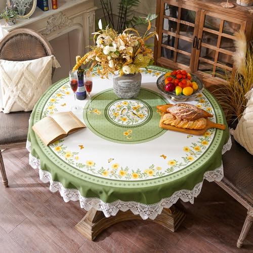 SUTAVIA Runde grüne Tischdecke, Stickerei, weiße Spitze, gelb, Blumenmuster, Schmetterling, Vogel, Bauernhaus, Tischdecke, wasserdicht, Tischdecke für Heimdekoration, Küche, Urlaub, Party, Picknick SUTAVIA Runde grüne Tischdecke, Stickerei, weiße Spitze, gelb, Blumenmuster, Schmetterling, Vogel, Bauernhaus, Tischdecke, wasserdicht, Tischdecke für Heimdekoration, Küche, Urlaub, Party, Picknick von SUTAVIA