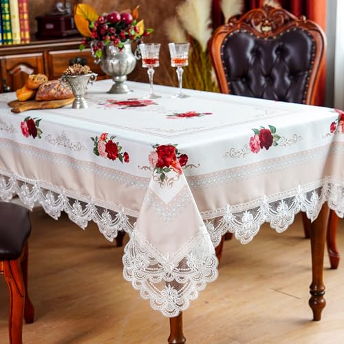 SUTAVIA Spitze bestickte Tischdecke, rechteckig, Bauernhaus-Tischdecke, klassisch, länglich, antikes Blumendekor, Makramee-Tischdecke (Offwhite, rechteckig/länglich, 152,4 x 277,4 cm, 8–10 Sitze) von SUTAVIA
