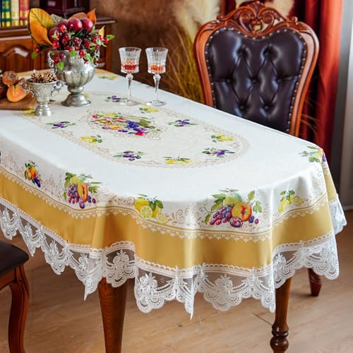SUTAVIA Spitzen-Tischdecke, bestickt, Bauernhaus-Tischdecke, klassische Obst-Zitronen-Tischdecke, rustikale Heimdekoration (Gelb, oval, 259,1 x 152,4 cm) von SUTAVIA