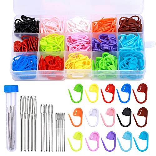 315 Stück Maschennadel-Clip, 15 Farben, Kunststoff, mit 15 Stück großen Augen, stumpfe Nähnadeln, Häkelmaschenmarkierer zum Häkeln und Stricken, DIY, Handwerk, Schnallenmarkierer von SUVSOON