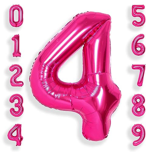 SUWEN 40 Zoll (100 cm) Große Rosa Luftballon Geburtstag 4 Zahl Riesige Folien Helium Zahlen Fuchsia Ballons 0-9 für Mädchen Geburtstag Deko Jahrestag Partys Dekoration von SUWEN