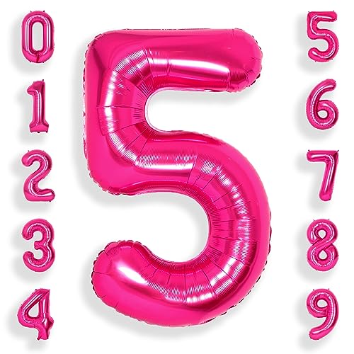 SUWEN 40 Zoll (100 cm) Große Rosa Luftballon Geburtstag 5 Zahl Riesige Folien Helium Zahlen Fuchsia Ballons 0-9 für Mädchen Geburtstag Deko Jahrestag Partys Dekoration von SUWEN