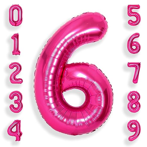 SUWEN 40 Zoll (100 cm) Große Rosa Luftballon Geburtstag 6 Zahl Riesige Folien Helium Zahlen Fuchsia Ballons 0-9 für Mädchen Geburtstag Deko Jahrestag Partys Dekoration von SUWEN
