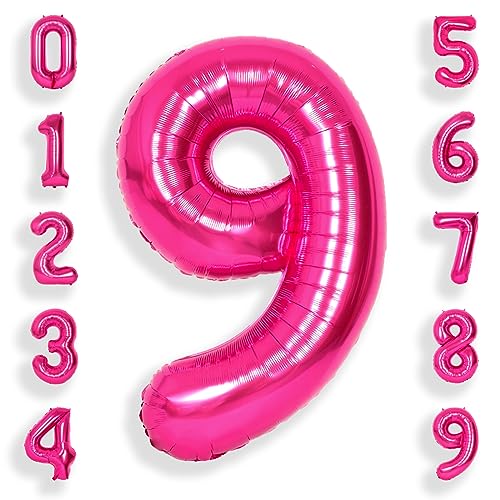 SUWEN 40 Zoll (100 cm) Große Rosa Luftballon Geburtstag 9 Zahl Riesige Folien Helium Zahlen Fuchsia Ballons 0-9 für Mädchen Geburtstag Deko Jahrestag Partys Dekoration von SUWEN