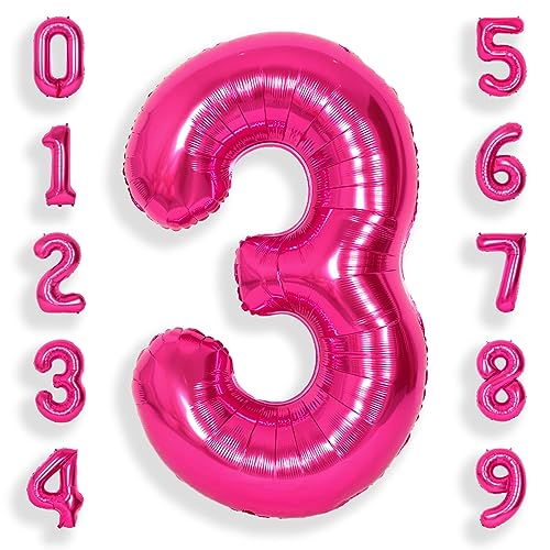 SUWEN 40-Zoll (102 cm) Große Rosa Ballonzahlen 3 Stück Riesige Folien-Helium-Zahlenballons 0-9 Fuchsia Riesenformat Happy 3rd MyLar-Geburtstagsdeko für Mädchen-Jubiläumspartys von SUWEN