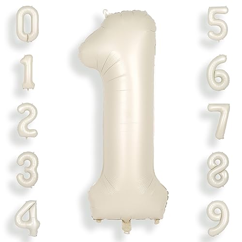 SUWEN Beige 40 Zoll (100 cm) Große Creme Weiß Luftballon Geburtstag 1 Zahl Riesige Folien Helium Zahlen ballons 0-9 Sandweiß für Mädchen Junge Geburtstag deko Jahrestag partys Dekoration von SUWEN