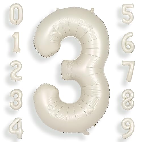 SUWEN Beige 40 Zoll (100 cm) Große Creme Weiß Luftballon Geburtstag 3 Zahl Riesige Folien Helium Zahlen ballons 0-9 Sandweiß für Mädchen Junge Geburtstag deko Jahrestag partys Dekoration von SUWEN