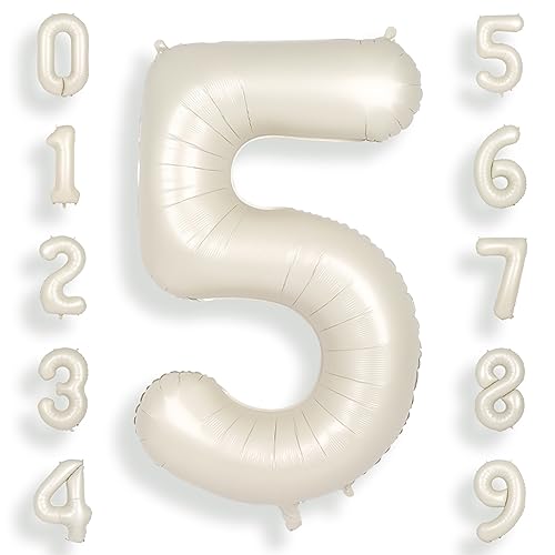 SUWEN Beige 40 Zoll (100 cm) Große Creme Weiß Luftballon Geburtstag 5 Zahl Riesige Folien Helium Zahlen ballons 0-9 Sandweiß für Mädchen Junge Geburtstag deko Jahrestag partys Dekoration von SUWEN