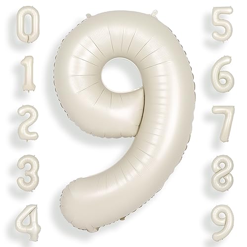 SUWEN Beige 40 Zoll (100 cm) Große Creme Weiß Luftballon Geburtstag 9 Zahl Riesige Folien Helium Zahlen ballons 0-9 Sandweiß für Mädchen Junge Geburtstag deko Jahrestag partys Dekoration von SUWEN