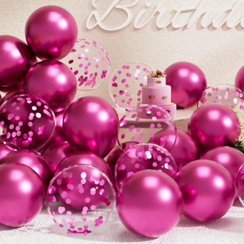 SUWEN Luftballons und Konfetti-Luftballons, Metallic-Ballons in Hot Pink, 47-teilig, Latex, Helium, Chrom, Magenta, für Geburtstag, Valentinstag, Jahrestag, Party-Dekorationen von SUWEN