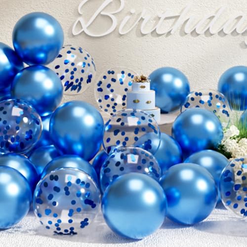 SUWEN Metallic Blau Luftballons und Konfetti Luftballons Set 47 Stück Latex Helium Blaue Ballons für Geburtstag Jubiläum Party Deko von SUWEN