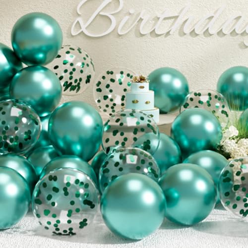 SUWEN Metallic Türkis Luftballons und Konfetti Luftballons Set 47 Stück Latex Helium Metallic Grün Ballons für Geburtstag Jubiläum Party Deko von SUWEN