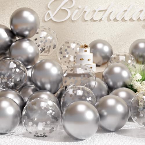 SUWEN Silber-metallische Luftballons und Konfetti-Ballon-Set, 47-teilig, Latex, Helium, Chrom, Silberballon für Geburtstag, Abschlussfeier, Jahrestag, Party-Dekorationen von SUWEN