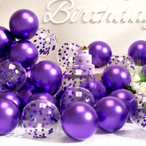 SUWEN Violette Metallic-Luftballons und Konfetti-Ballons, 47-teilig, Latex, Helium, Chrom, Dunkelviolett, für Geburtstag, Abschlussfeier, Jahrestag, Party-Dekorationen von SUWEN
