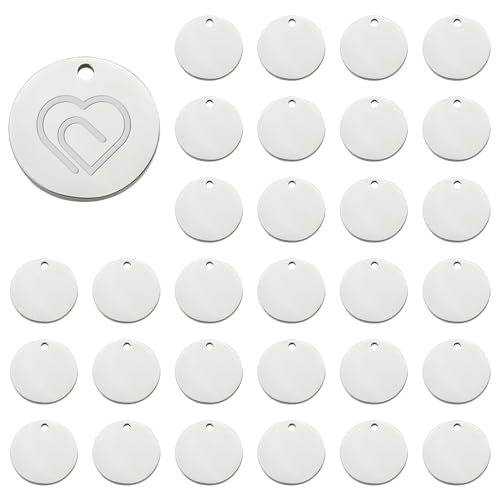 SUWYNJ 304 Edelstahl Flach Rund Charme 30 Stück 23mm Blank Stamping Tag Edelstahl Runde Blank Stamping Tag Runde Tag mit Loch Haustiere Blank Anhänger für Armband für Halskette Hundemarken Schmuck von SUWYNJ
