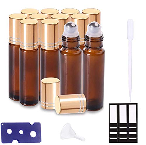 Ätherische Öle Roller Flaschen Braun Bernstein Glasflaschen Edelstahl Roller Bällen 10ml mit für aromaöl und duftöl nachfüllbares 12 Stück （Trichter, Öffner, Etiketten, Plastik-Pipetten） von SUXNOS
