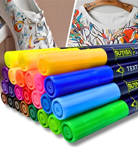 SUYASA 24 Textilstifte - Waschmaschinenfeste Stoffmalstifte für Textilien | Ungiftige Textilfarbe, Stoffmalfarben Waschfest für T-Shirt Bemalen, Textilmarker für Kinder, Wasserfester Stift SUYASA 24 Textilstifte - Waschmaschinenfeste Stoffmalstifte für Textilien | Ungiftige Textilfarbe, Stoffmalfarben Waschfest für T-Shirt Bemalen, Textilmarker für Kinder, Wasserfester Stift von SUYASA