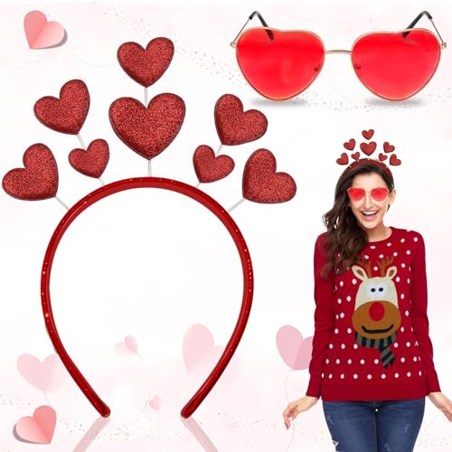 SUpoetry 2 Stück herzförmigen Haarreif und herzförmige Brille rot set, Herzen Karneval Haarreif Rot Stirnband Glitzer, Herz H-aarreif Damen mit Roter -Herzförmiger Brille Für Valentines Party von SUpoetry
