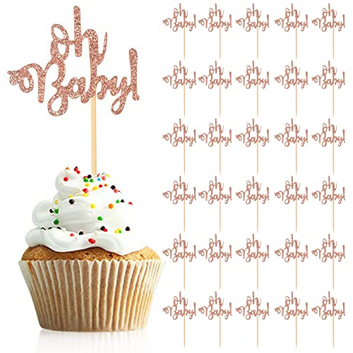 SUpoetry 30 Stück Oh Baby Shower Cake Toppers, Kuchendeko Tortendekoration Taufe Cupcake Toppers Baby Shower Dekoration, für Hochzeit, Geburtstag, Baby Shower, Kids Party Dekorationen (Roségold) von SUpoetry